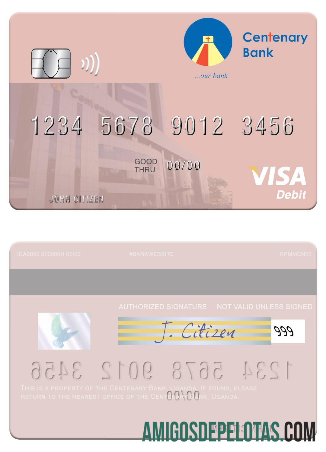 Cartão de débito Visa do Banco Centenário de Uganda modelo